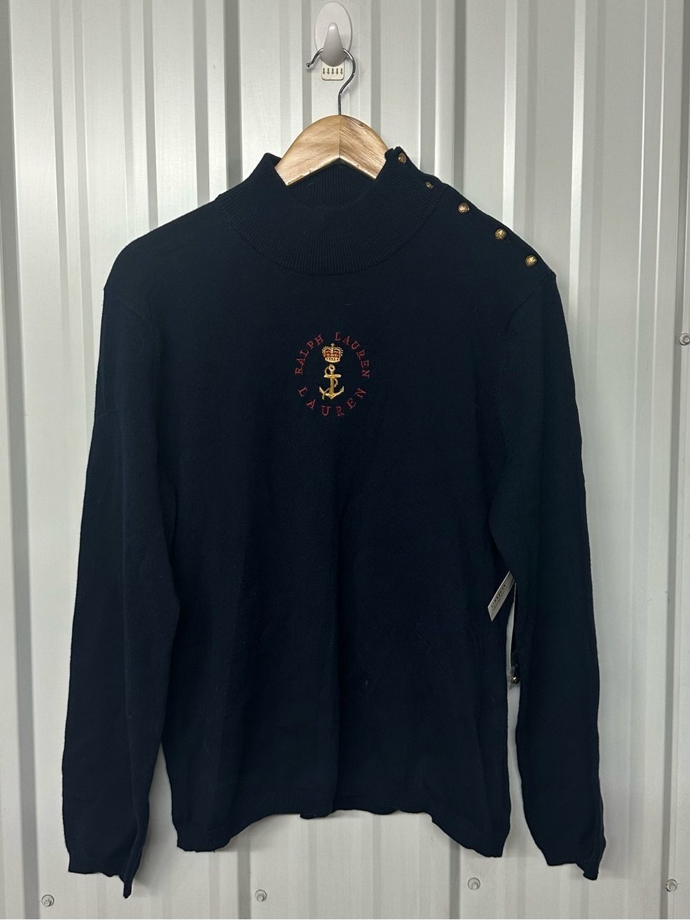 Vintage Lauren Ralph Lauren Navy Nautical Anchor Button Shoulder Sweater NWT